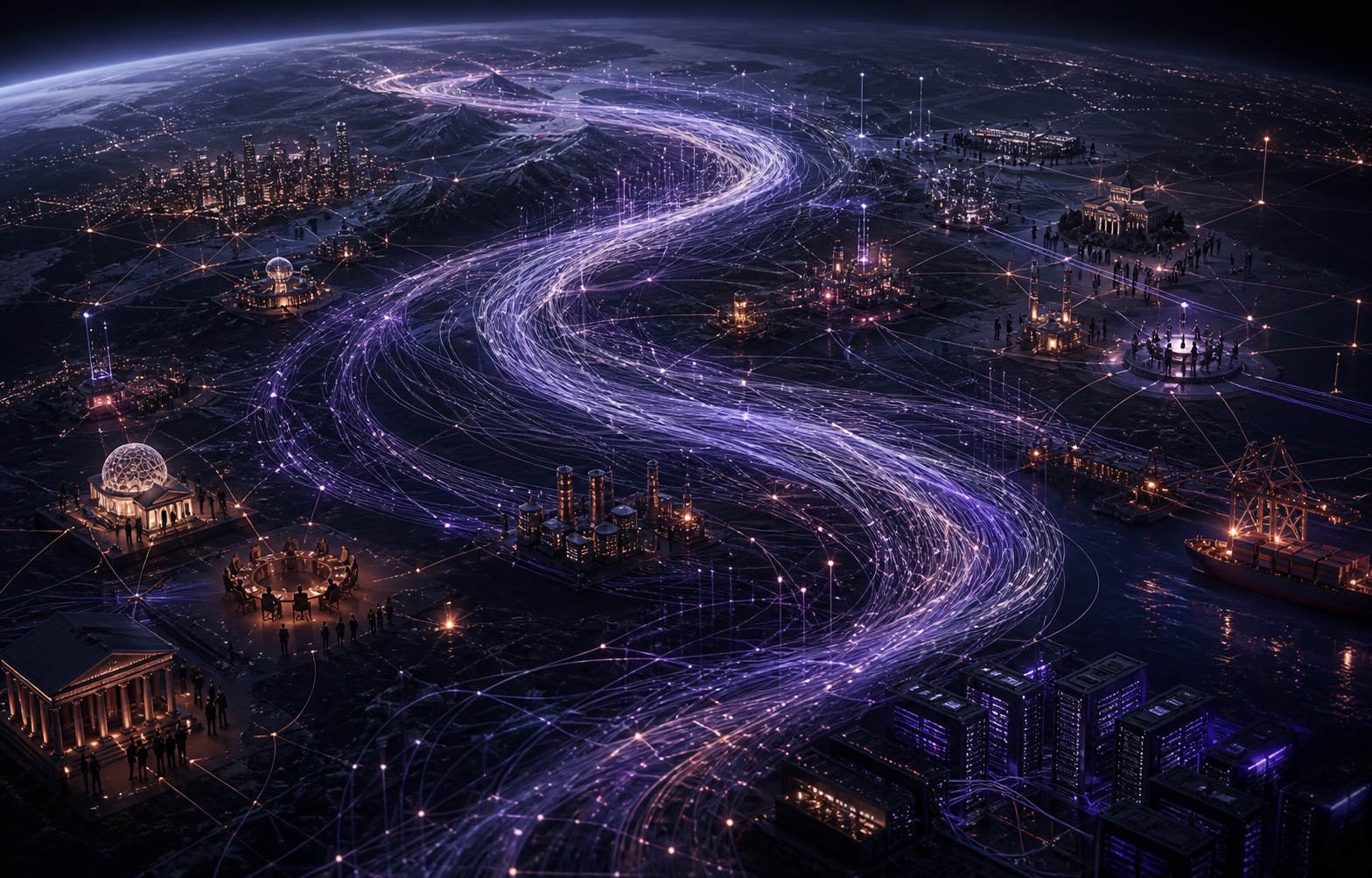 A vast stream of algorithmic light moving through an interconnected global system