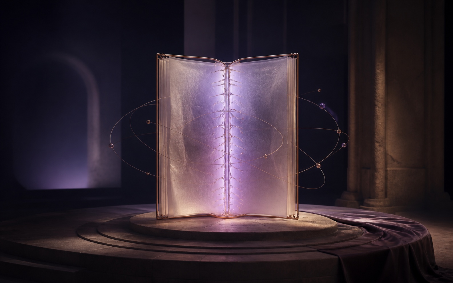 A translucent illuminated book whose spine suggests an emerging moral structure